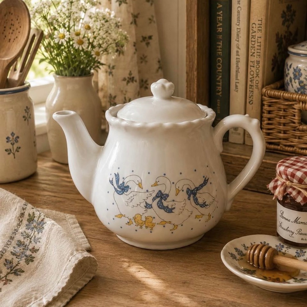 Vintage Goose & Duckling Ceramic Teapot with Lid